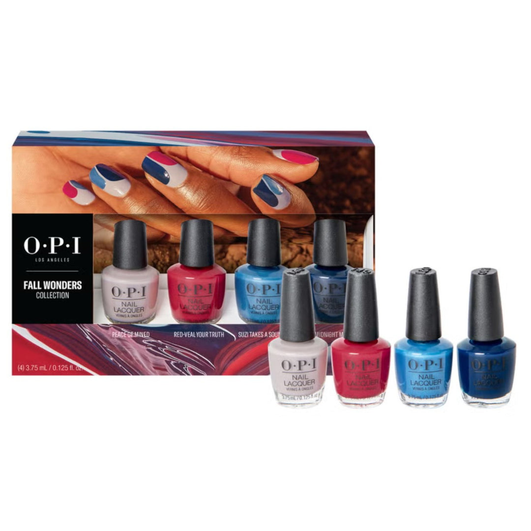 OPI Fall Wonders Collection Mini Set. Shades Include: Peace of Mined, Red-Veal Your Truth, Suzi Takes a Sound Bath & Midnight Mantra