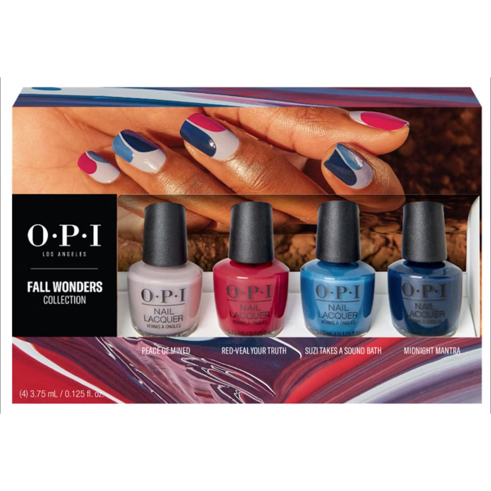 OPI Fall Wonders Collection Boxed Mini Set. Shades Include: Peace of Mined, Red-Veal Your Truth, Suzi Takes a Sound Bath & Midnight Mantra