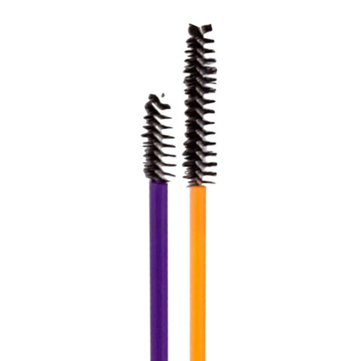 Closeup of Manicare Disposable Mascara Brushes Purple and Orange Varieties