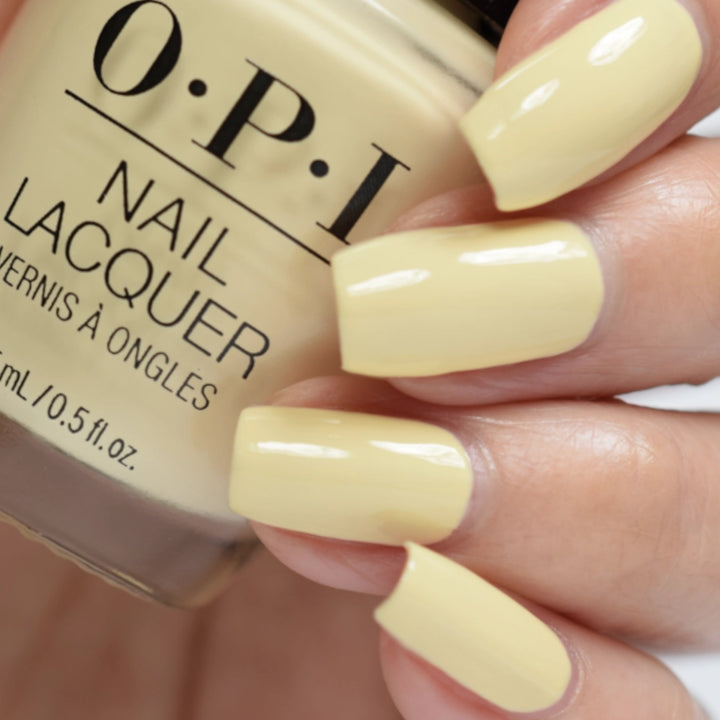 OPI Blinded by the Ring Light Pastel Pale Yellow Creme Nail Polish from the Me, Myself and OPI Collection from 2023. OPI Item Product Code NLS003