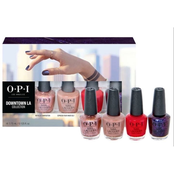 OPI Downtown LA Collection with 4 Mini Sized 3.75ml Nail Polishes in Metallic Composition, Espresso Your Inner Self, Art Walk in Suzi's Shoes and Abstract After Dark