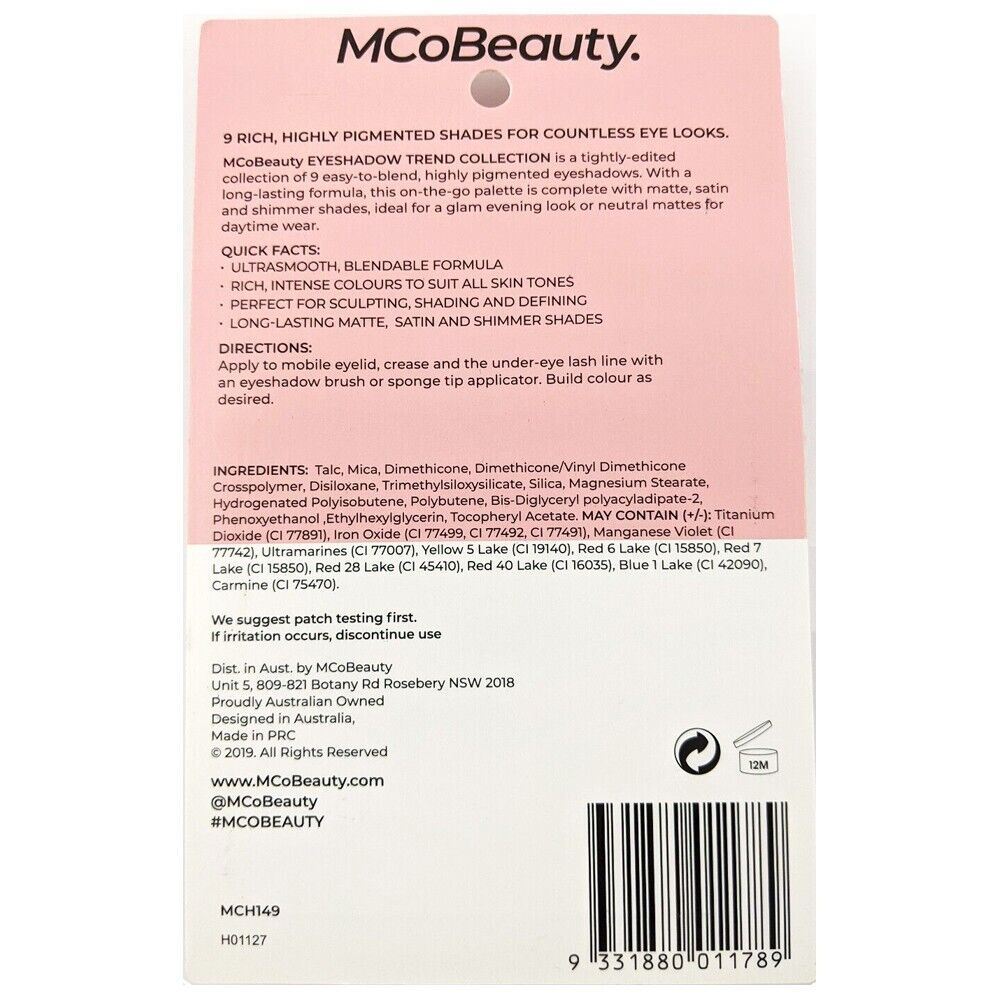 MCoBeauty Trend Collection Eye Shadow Palette Instructions & Ingredients