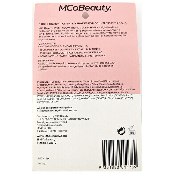 MCoBeauty Trend Collection Eye Shadow Palette Instructions & Ingredients