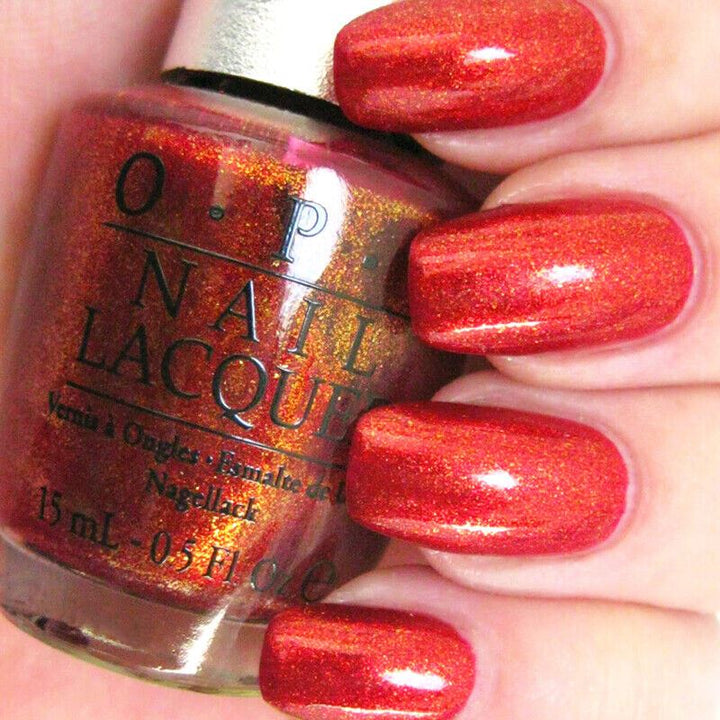 OPI Designer Series Nail Polish in Indulgence. Red, Orange Shimmer Nail Lacquer