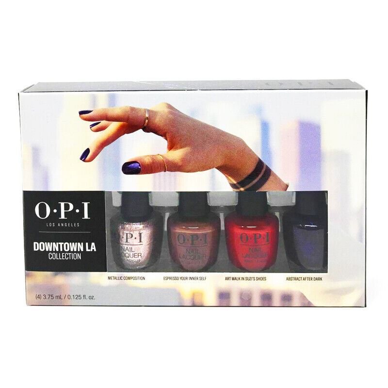 OPI Downtown LA Collection with 4 Mini Sized 3.75ml Nail Polishes in Metallic Composition, Espresso Your Inner Self, Art Walk in Suzi's Shoes and Abstract After Dark