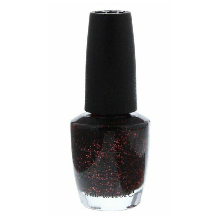 OPI Today I Accomplished Zero Red Pink Glitter in a jelly semi-sheer black base. This OPI Nail Polish is from the Coca-Cola Collection, product code is NLC17