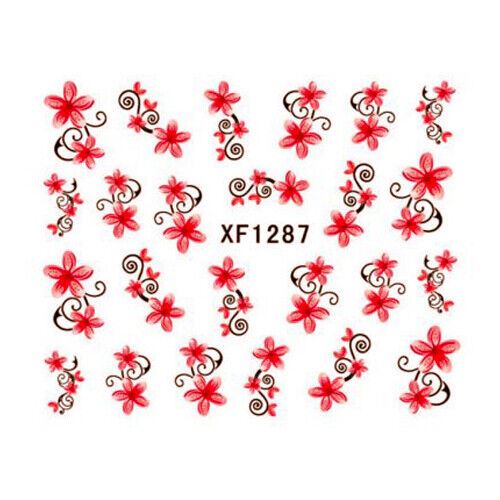 Red Flowers and Floral Vine Water Transfers for Nail Art Design Model XF1287