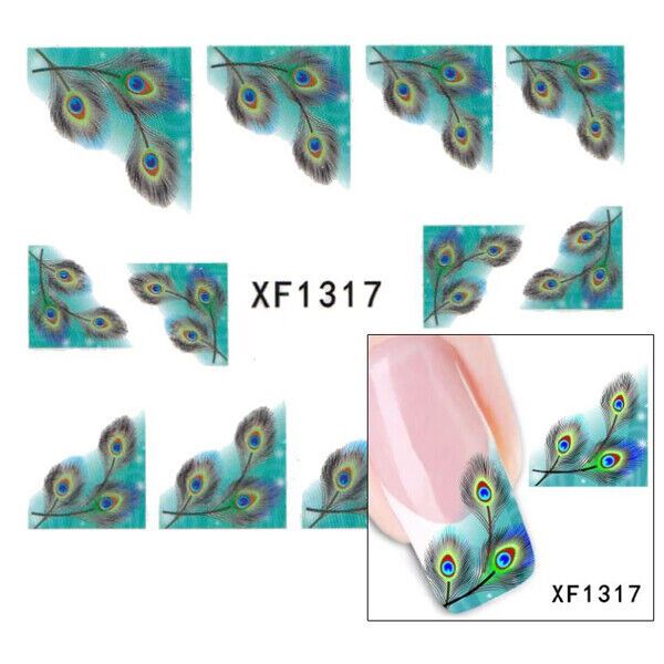 Multicoloured Teal Green Blue Yellow Peacock Feathers Nail Art Design Water Transfers Model XF1317