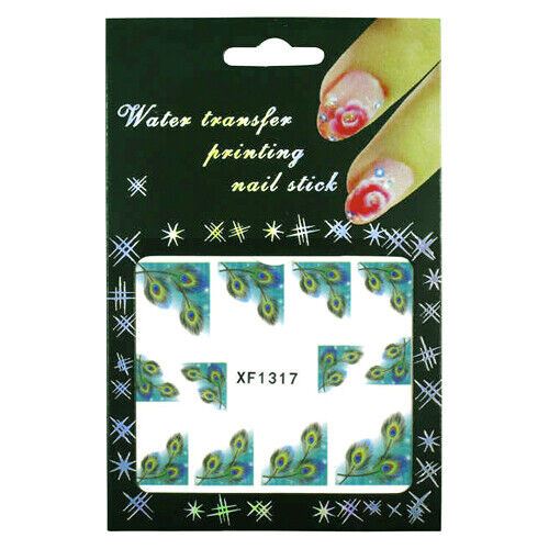 Multicoloured Teal Green Blue Yellow Peacock Feathers Nail Art Design Water Transfers Model XF1317